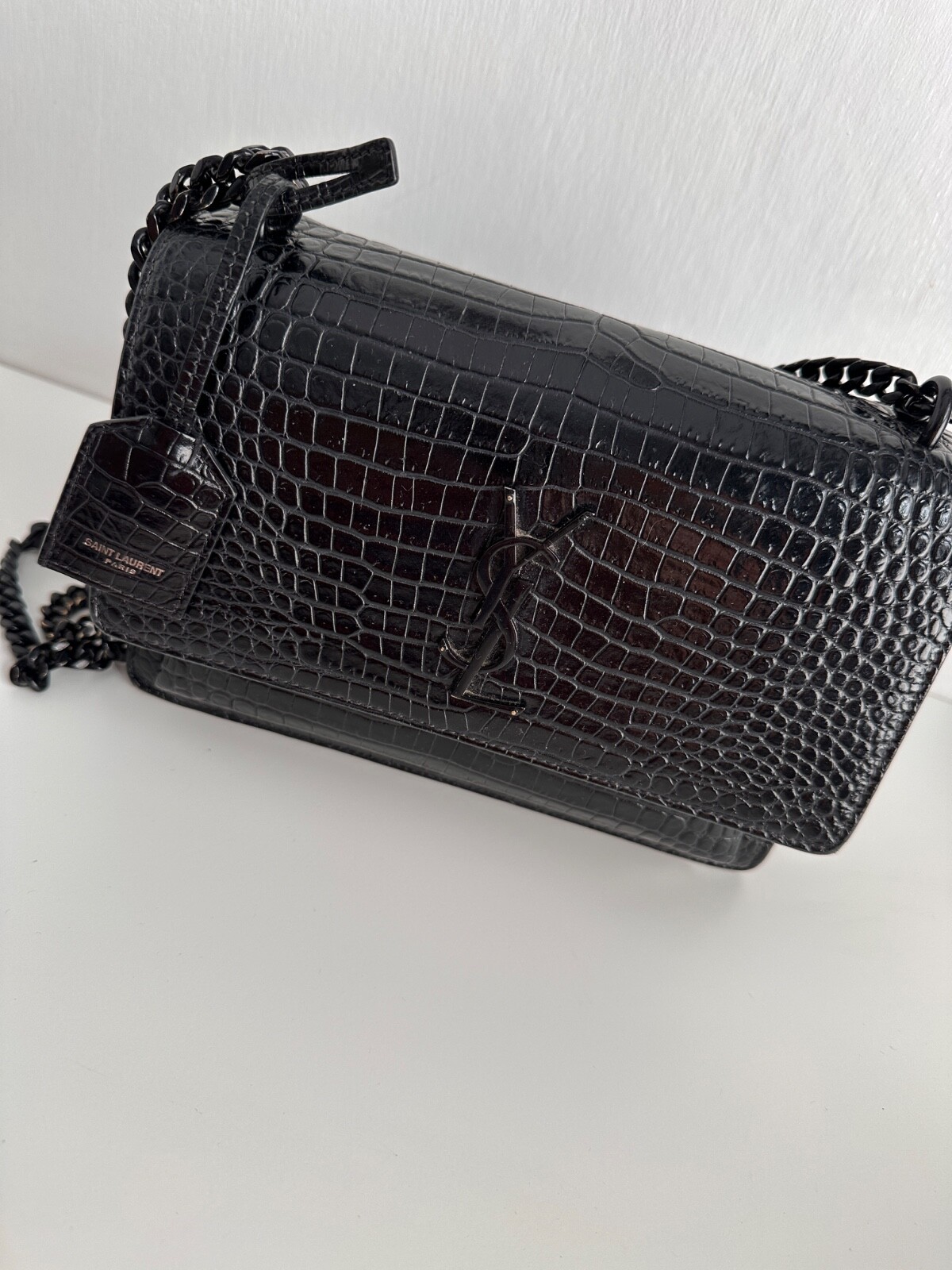 Saint Laurent YSL Borsa Tramonto Media in Croc Nero Goffrato
