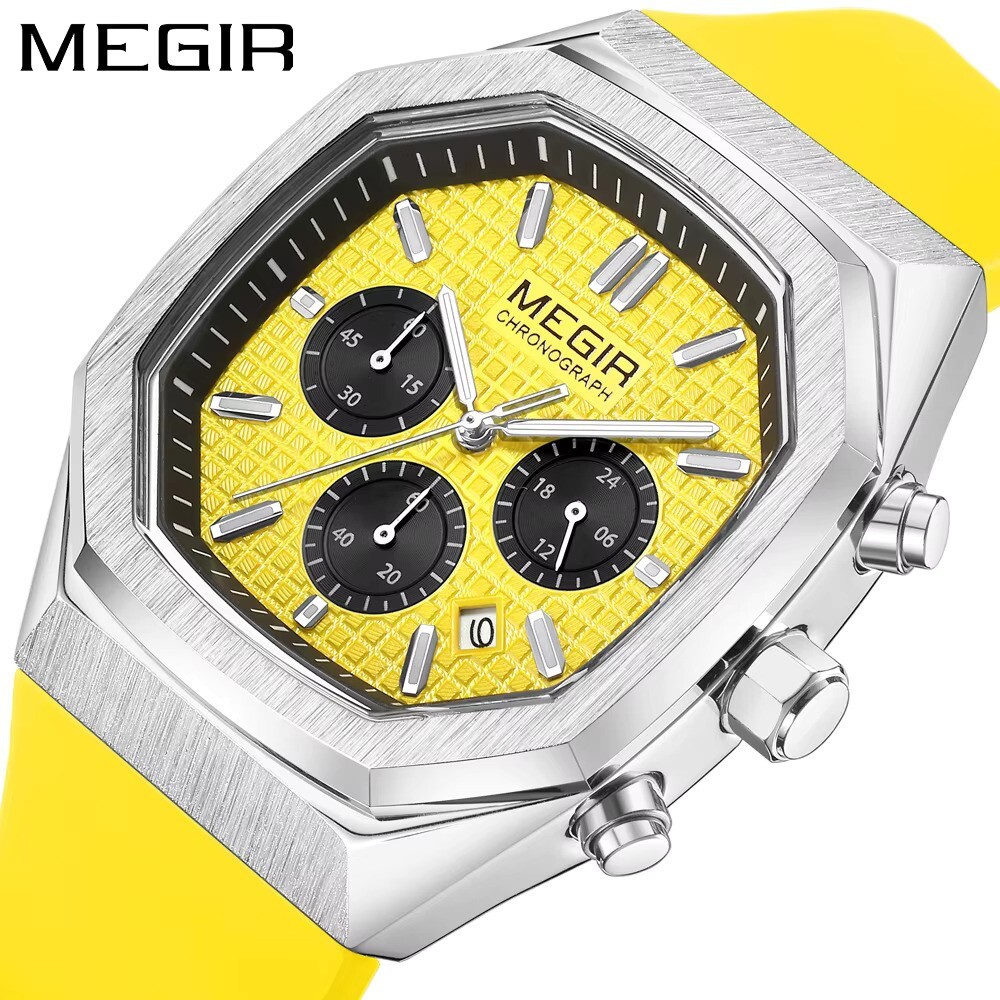 MEGIR Mens Watch Quartz Chronograph Silicone Strap Luminous Hands  Yellow