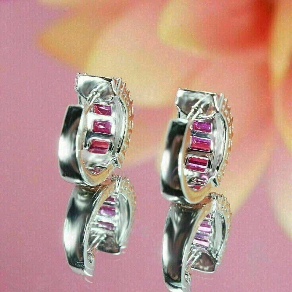 2.00Ct Baguette Cut Simulated Ruby Huggie Hoop Earrings In 14K White Gold Plated - Image 3 of 4