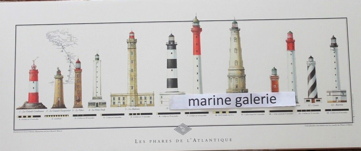 Affiche Phares de l'Atlantique déco marine vintage en bois flotté 50x70cm