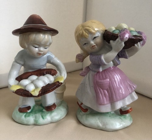Vintage Boy & Girl w/Baskets of Eggs Fruit Figurines 5” - 第 1/6 張圖片