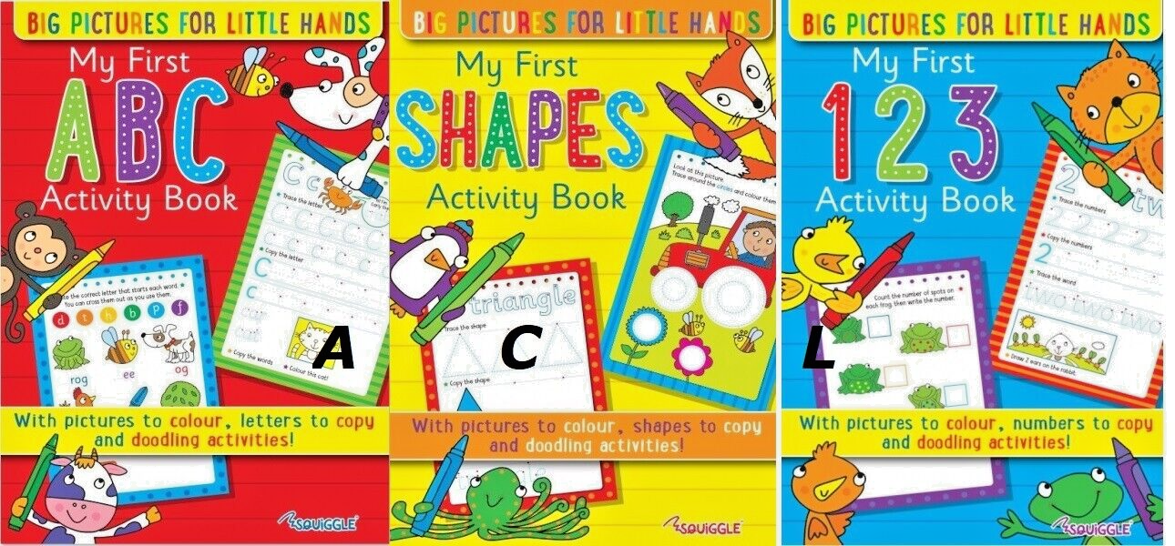 3 x KIDS ACTIVITY FIRST LEARNING BOOKS NUMBERS SHAPES LETTER COPY TRACE