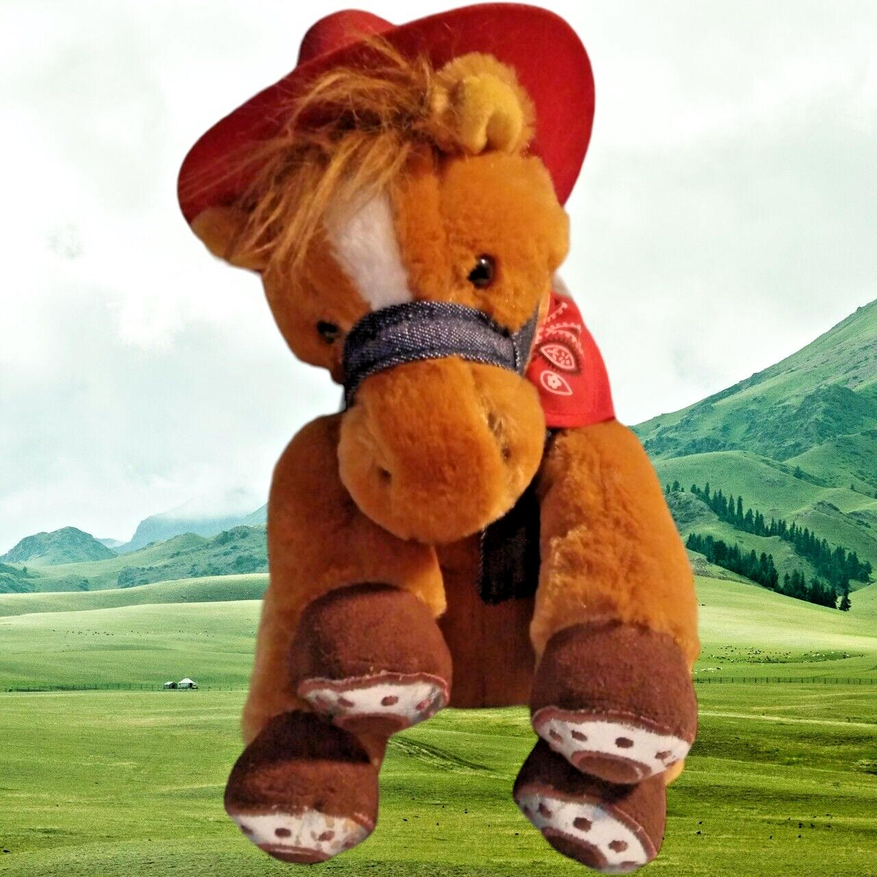 Cappello da cowboy Aurora Western Pony Horse rosso blu denim gilet bandana rossa 8" peluche