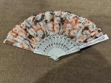Folding Hand Fan White w/Brown Multi Flowers Color open size 16.5x9"