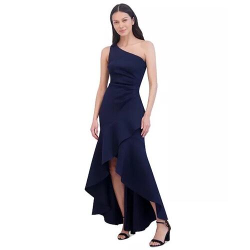 Eliza J NWT One Shoulder Gathered Pleat Side Cascading Ruffle Gown 8 Navy Formal - Picture 3 of 11