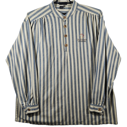 J PETERMAN Men's 2XL Poet Shirt Wooden Buttons Cotton Banded Collar Blue Stripe