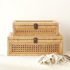 Rattan and Cane Stacking Boxes with Glass Top Lid - Set of 2 for Boho, and Ru...