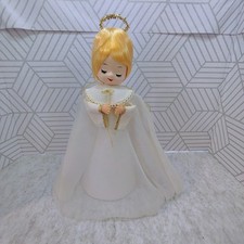 Vintage Blonde Christmas Angel Tree Topper Sleepy Eyes White Gold 10"