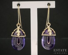 14k Yellow Gold Cabochon Natural Amethyst Dangle Teardrop Earrings 5.7g p17561