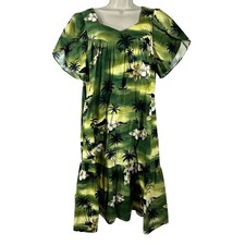 Winnie Fashion Womens Medium Green Tropical Cotton Muumuu Dress Made in Hawaii