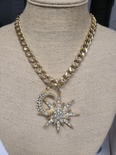 White Crystal Gold Tone Celestial Necklace with Star and Moon Removable Charms
