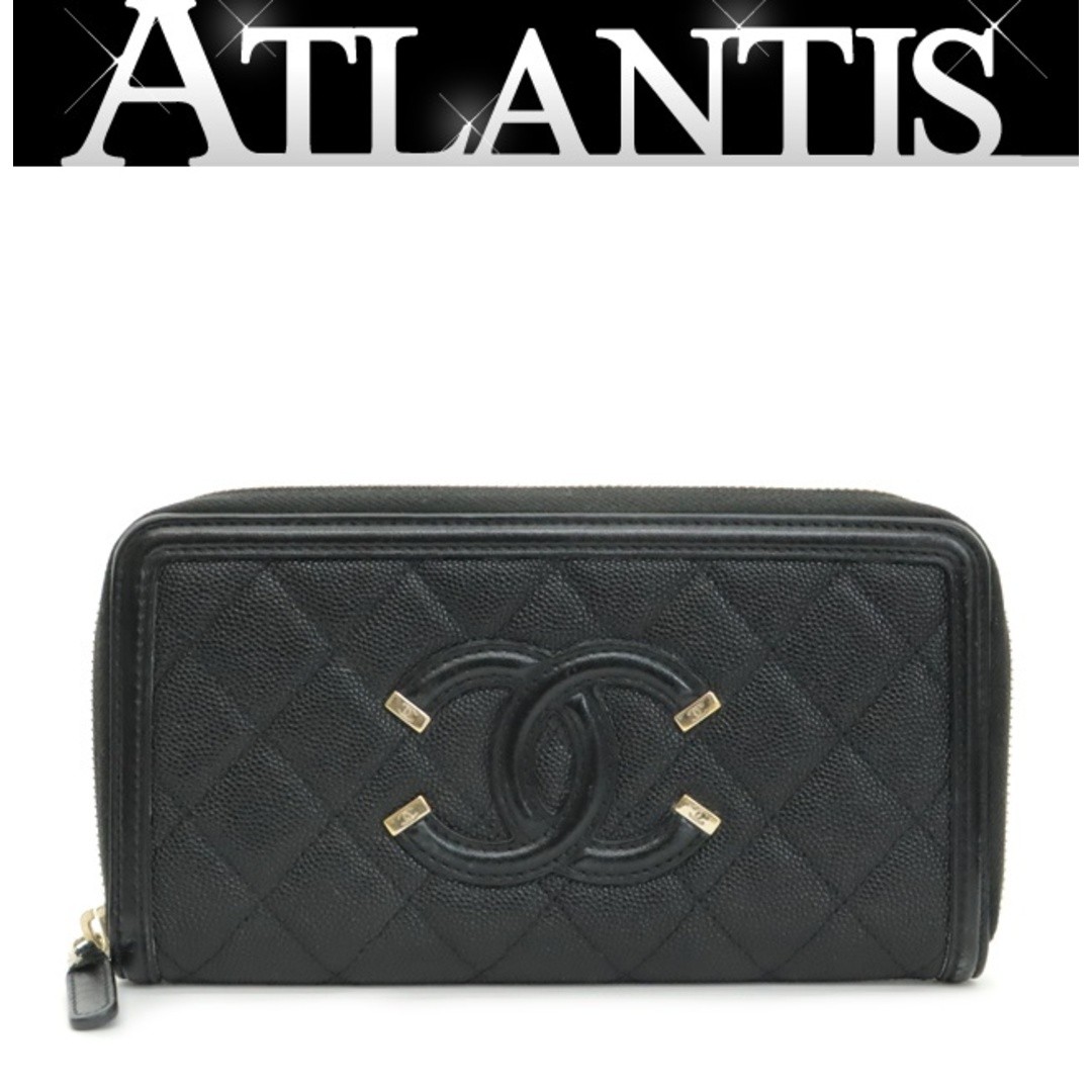 Chanel CC Filigree Round Zipper Long Wallet Black Caviar Leather 29 16617