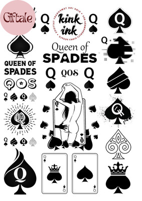 23 X Queen of Spades Temporary Tattoo Kinky Black Lettering A4 Sheet