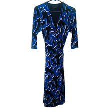 David Lawrence Faux Wrap Dress Size S Blue and Black Waist Tie Lined Office