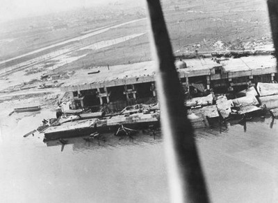Aerial view showing destruction after a bombing raid port of Dunki- Old Photo