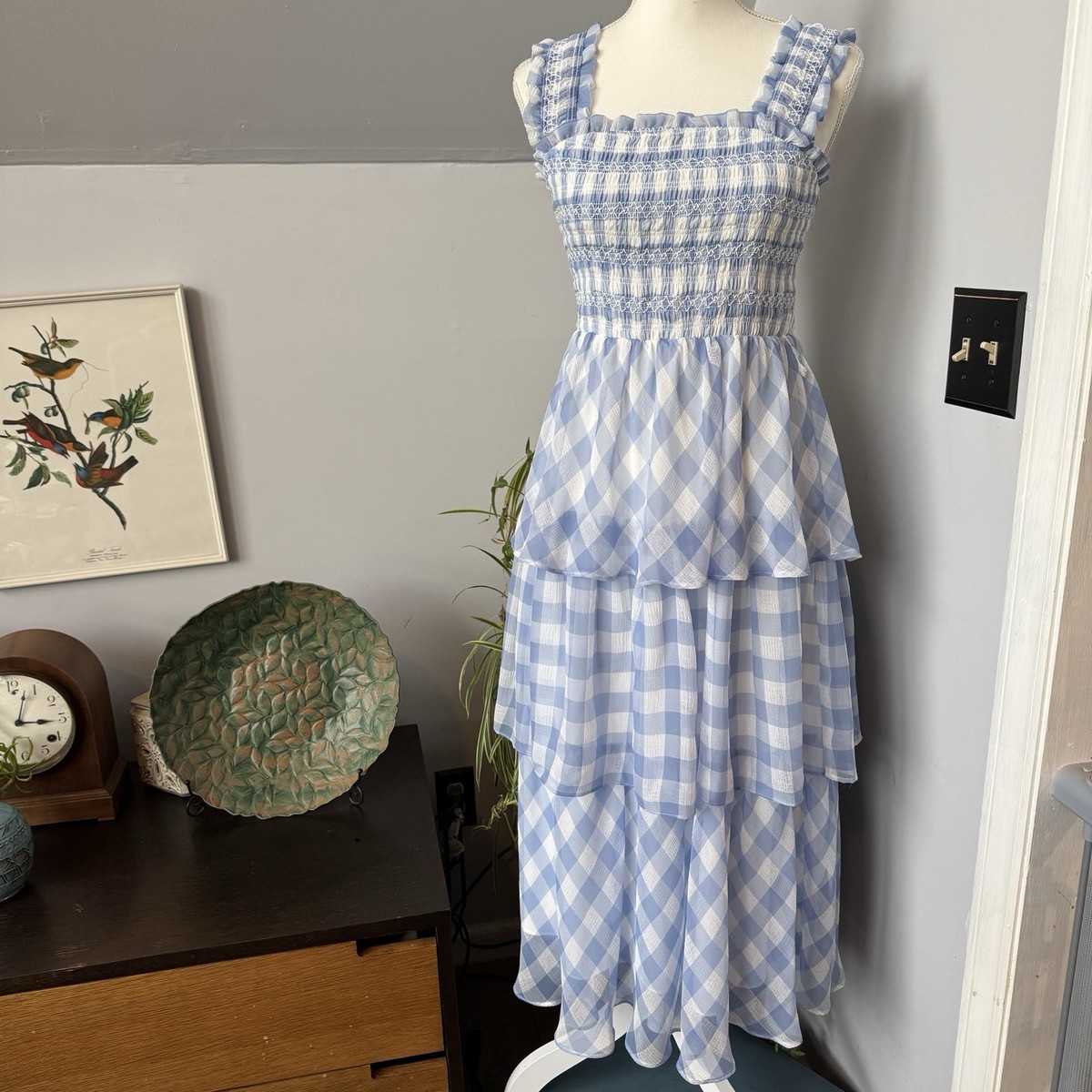 english factory blue dress English Factory womens Tiered Midi Dress, xs, Blue main image 1
