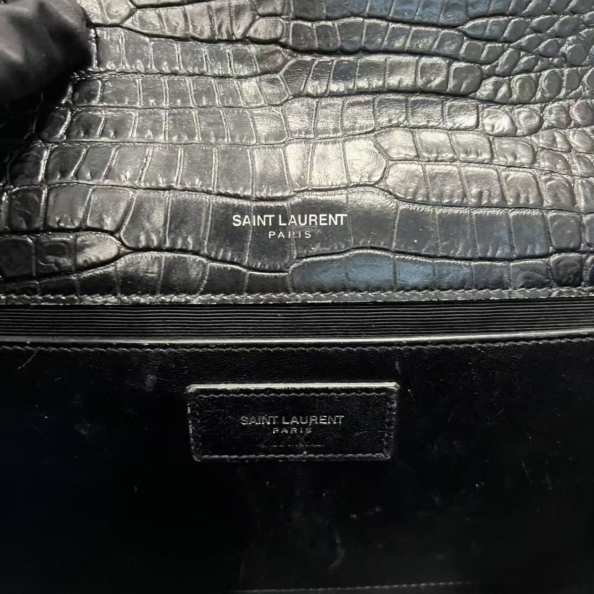 YSL Saint Laurent Kate Chain Bag Black Croc Embossed Leather X369