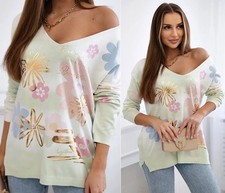 NEU 36 38 S M Feinstrick Pullover Floral Goldprint Oversize Italy weich grün