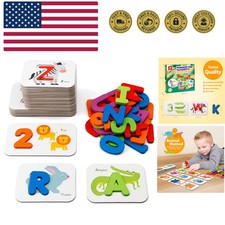 Numbers and Alphabets Flash Cards Set - ABC Wooden Letters and Numbers Animal...