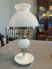 Vintage White Hobnail Milk Glass Table Lamp W/ Hurricane Shade Working