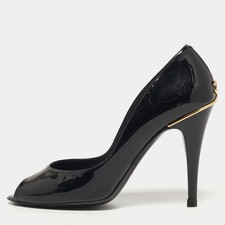 Chanel CC Size 39 Black Patent Leather Peep Toe Pumps