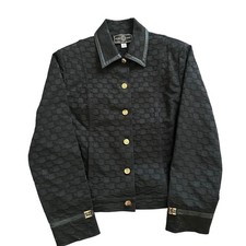 St John Sport Marie Gray Black Monogram Logo Jacket Leather Trim Gold Buttons S