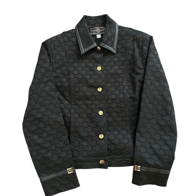 St John Sport Marie Gray Black Monogram Logo Jacket Leather Trim Gold Buttons S