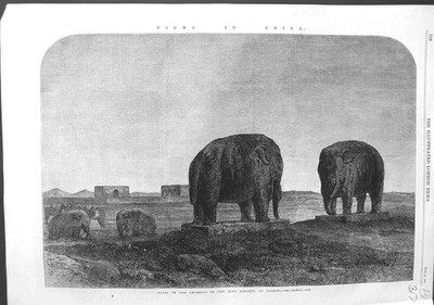 Original alter antiker Druck 1864 Gräber Kaiser Ming Dynastie Nankin Elefanten