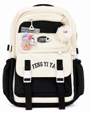 Black /Beige Colorblock Backpack w/ Zip Buckle Closure, Adjustable Straps