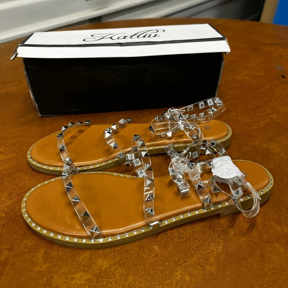 Katliu US 9 透明女式平底绑带铆钉角斗士凉鞋带踝带 — 第 4/4 张图片