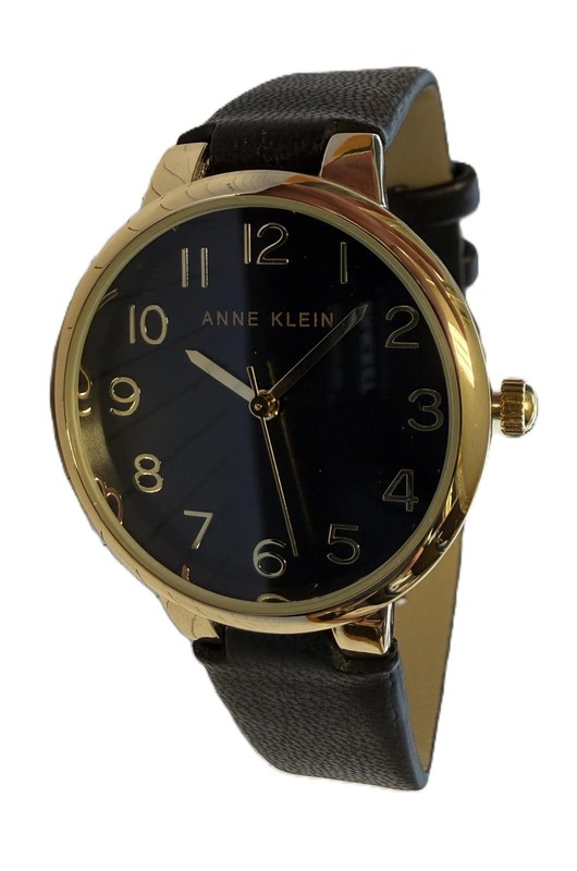 Anne Klein AK-4200 Women's Black Vegan Leather Gold Tone Case Dress Watch