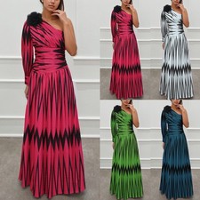 Womens Sexy Striped Party Maxi Dress One Shoulder Long Prom Split Long Dresses
