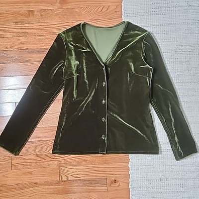 Vintage Michael Klein Paris Velvet Top Olive Green Button Up V-Neck Goblin 38/6