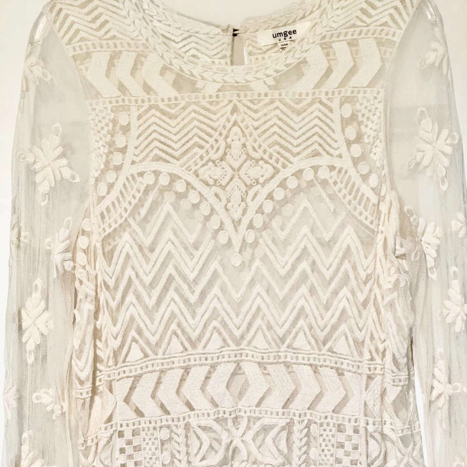 Umgee 象牙色 蕾丝连衣裙 尺寸 S/M 及膝 透明 波西米亚 钩针 网眼 海滩覆盖 — 第 4/4 张图片