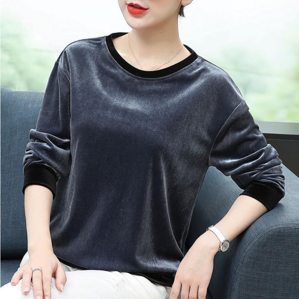Retro Women Pleuche Velvet Basic T-shirts Tops Loose Shirts Crew 