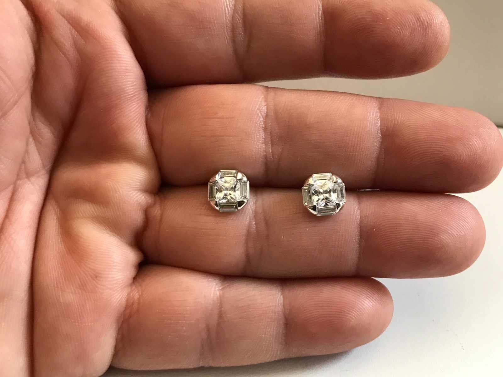 STUD EARRINGS W/ PRINCESS CUT LAB ACCENTS / 925 STERLING SILVER-image