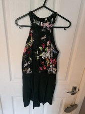Colourful Floral satin style halterneck top black bottom playsuit size 6 Pockets