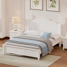 Full Size Retro Style Wood Platform Bed Frame with Wooden Slat Support White US