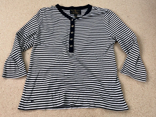 Lauren Ralph Lauren, Lauren Ralph Lauren Black Label Sz L Top 3/4 Sleeves Black White Striped