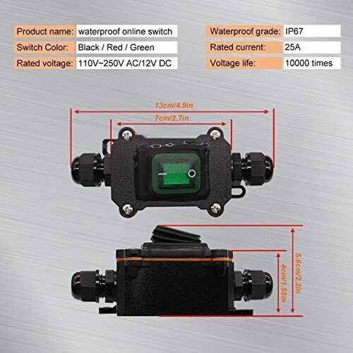 weideer IP67 Waterproof Inline Cord Switch ON/OFF 20A 250V/16A 125V Green LED... - Picture 5 of 6