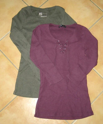 2x New Yorker Mädchen Shirt Top langarm Basicshirt olive weinrot Gr. XS - Bild 1 von 3