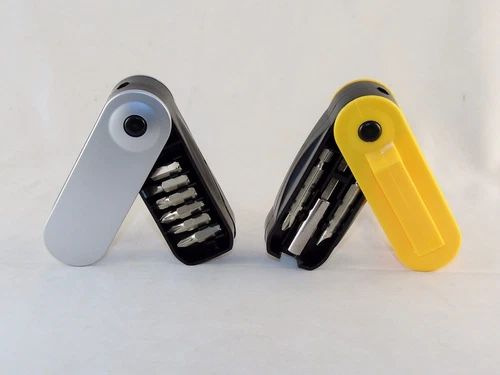 Multi-bit Screwdriver Pocket Tool, 10 Pc, Belt Clip, Choice of Yellow or Silver