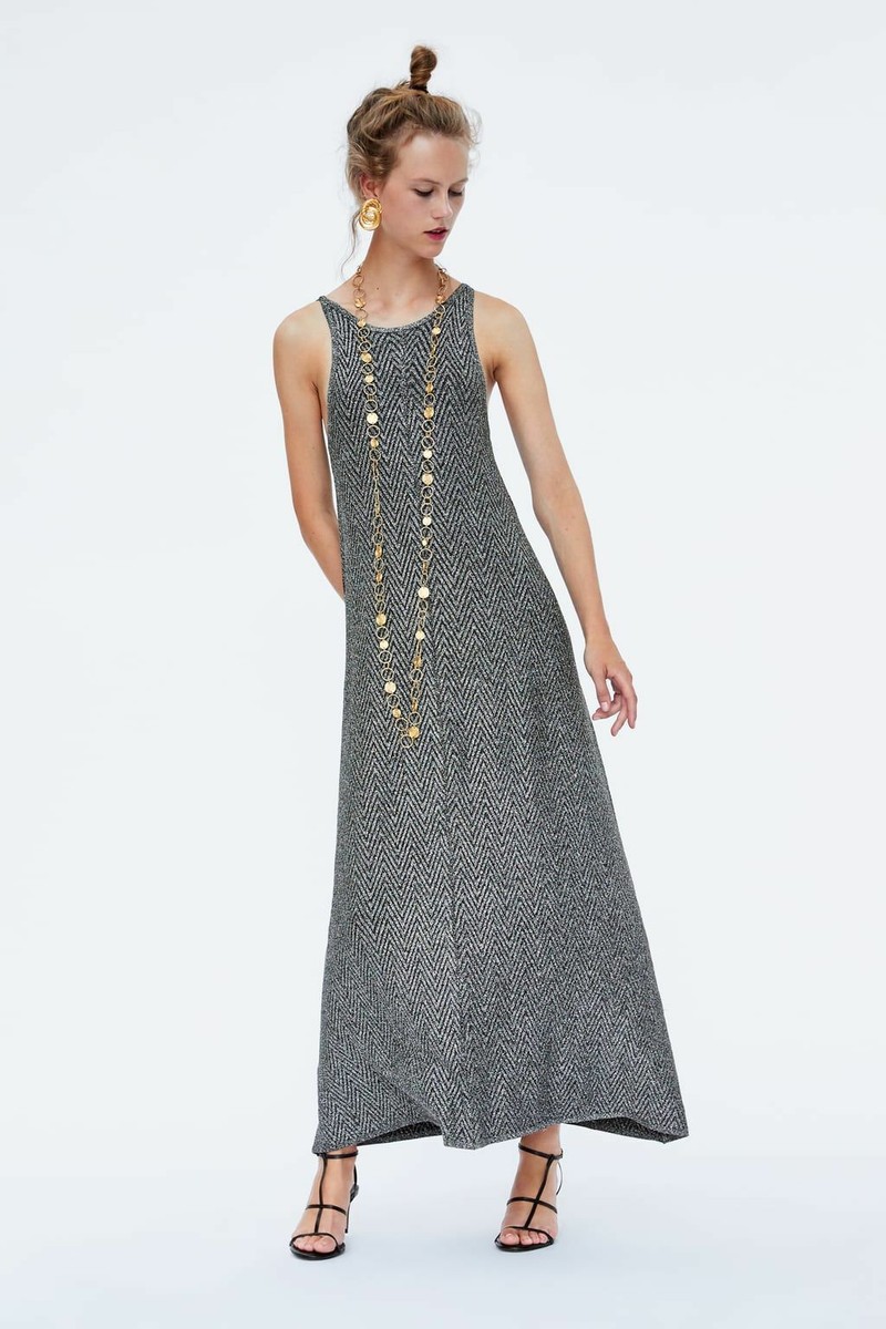 ZARA Long knit Silver Metallic Halter Dress (S) JACQUARD 9598/115 | eBay