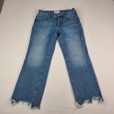 We The Free People Maggie Mid Rise Straight Blue Womens 27 Button Fly Chewed Hem
