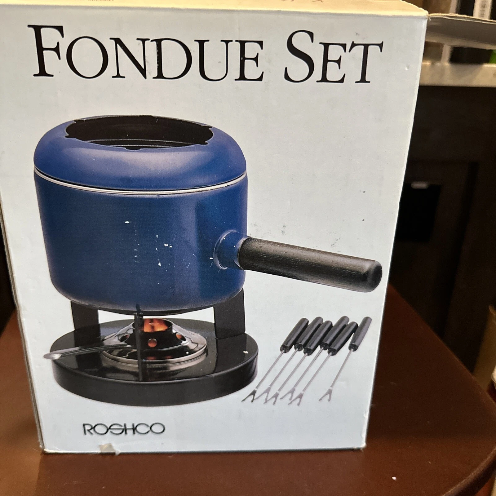 Roshco Fondue Set Blue- 2 Quart Porcelain Enamel Pot-Vintage-Complete Open Box