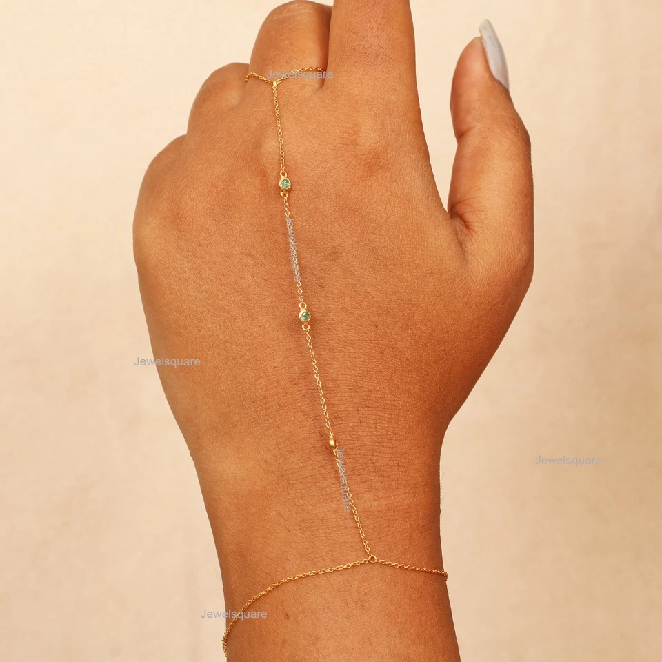 14k Gold Emerald Delicate Chain Slave Filled Ring to Layering Wrist Bracelet - Image 3 of 4