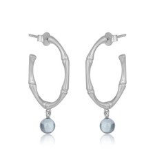 Natural Blue Topaz Gemstone Bamboo Designer 925 Sterling Silver Hoop Earrings