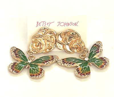 BETSEY JOHNSON GOLD TONE ENAMEL RHINESTONE BUTTERFLY DROP STUD