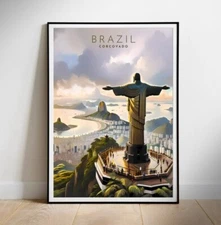 Brazil Retro Travel Poster, Printable digital wall art, Corcovado