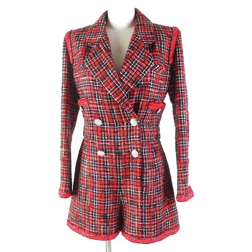 CHANEL 20S P64165 Runway Silk Coco Mark Button Tweed Jumpsuit Red Black 34